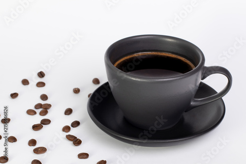 Black Coffee Cup and Roasted Beans on Clean White Background