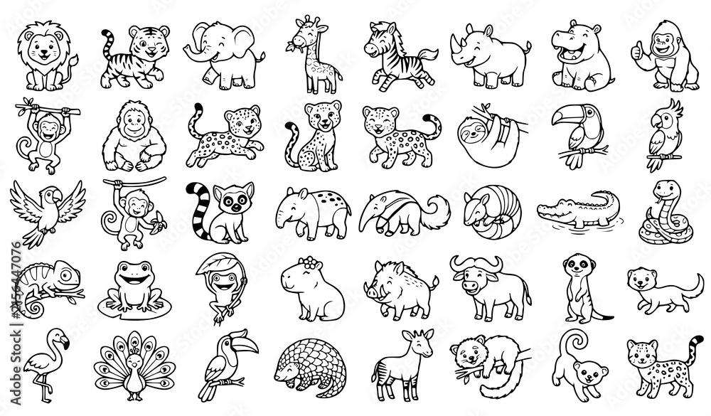 Naklejka premium Cute wild animals, tropical jungle wildlife, safari fauna, and exotic mammals line art vector icons set isolated on white background