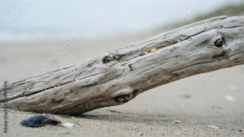 Weathered Driftwood on Sandy Beach with Seashells and Soft Waves