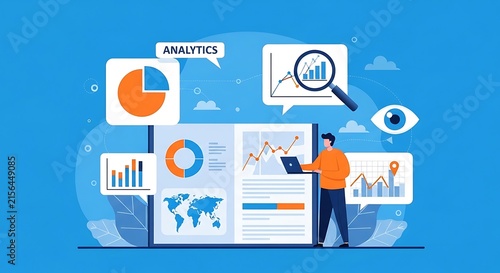 Professional data analytics illustration showing a business analyst working on digital charts, graphs, and market reports for strategy planning and research in a modern corporate office environment