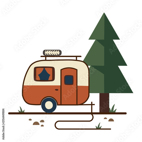 Flat Vector Illustration of a Retro Camper Trailer and Pine Tree