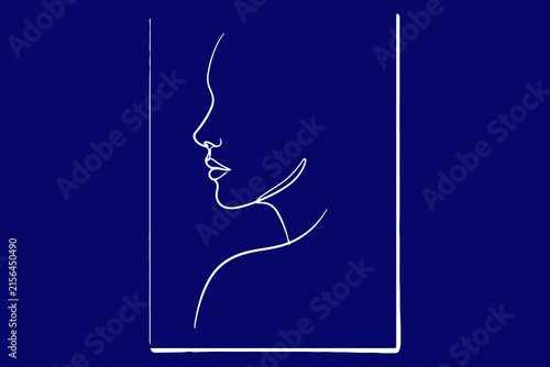 Minimalist Line Art Illustration of a Woman's Profile on a Deep Blue Background, Representing Elegance and Simplicity