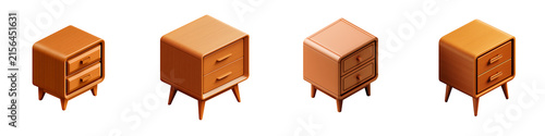 Set of four isometric wooden bedside tables with two drawers isolated on transparent background