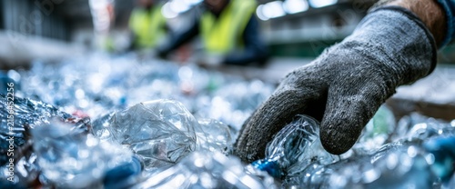 Worker sorting plastic bottles on a conveyor line in recycling facility, close-up photo  