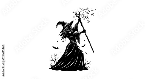 фотографія Gothic witch silhouette with magic staff vector