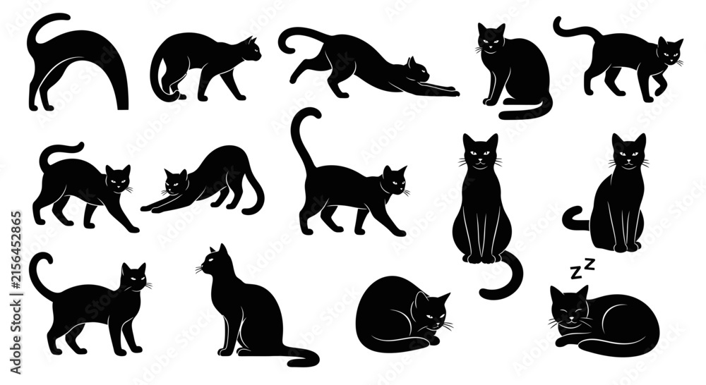 Obraz premium Black cat silhouettes collection, 14 feline vector icons in various poses, minimalist kitten shapes for Halloween and pet branding