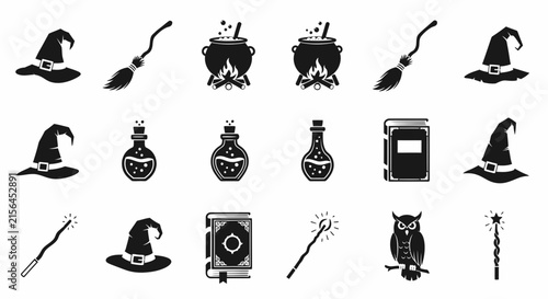 Photography Halloween witch icon set, black magic silhouette elements, 18 mystical vector sy