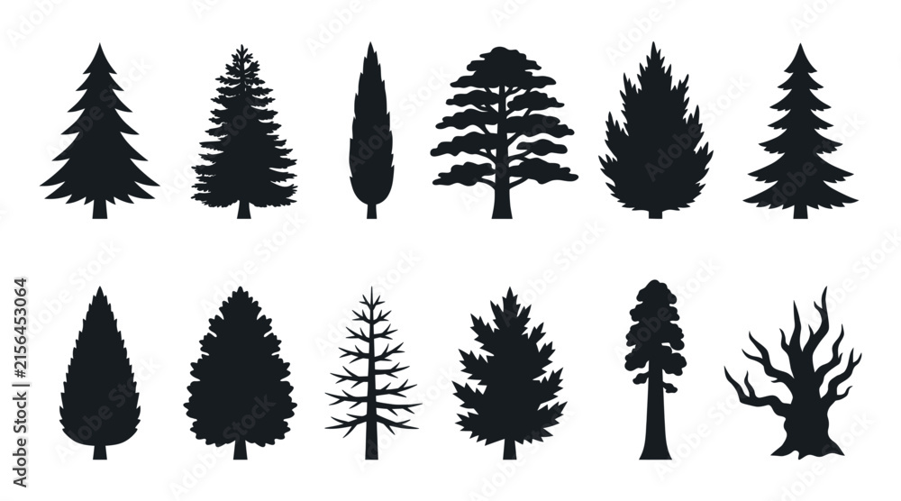 Obraz premium Set of various tree silhouettes, coniferous and deciduous forest plants, old oak and pine trees