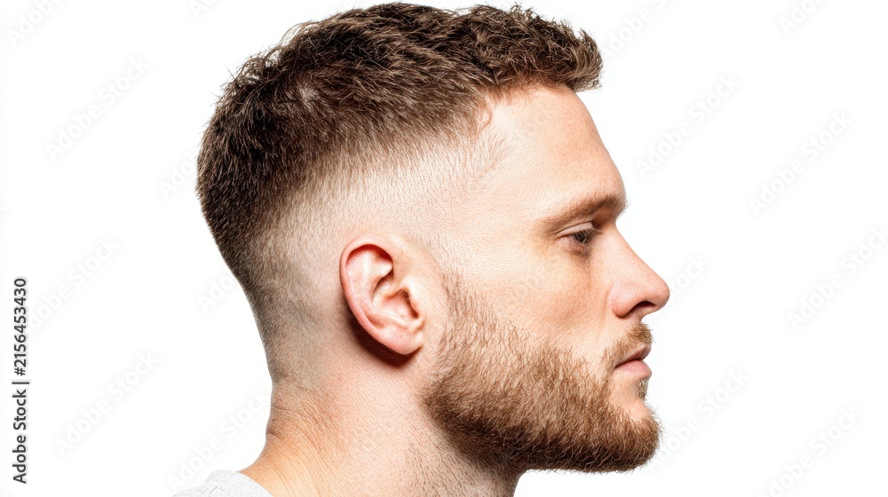 Fototapeta premium Profile view of a young man with a modern haircut and beard against a clean white background for hairstyle inspiration