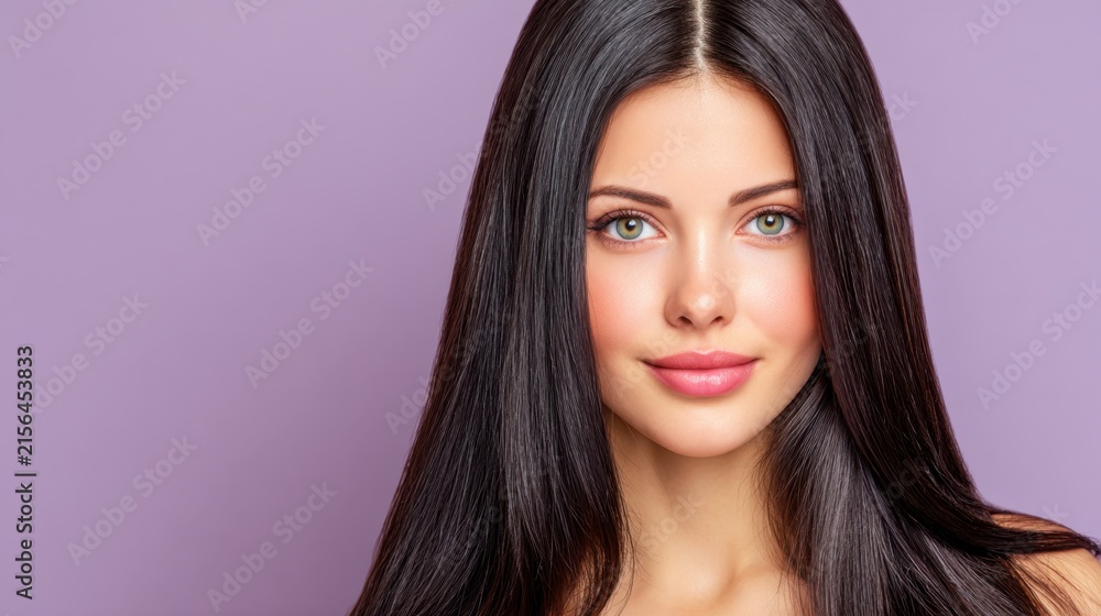 Naklejka premium Beautiful woman with long dark hair and captivating green eyes posing against soft purple backdrop in natural light