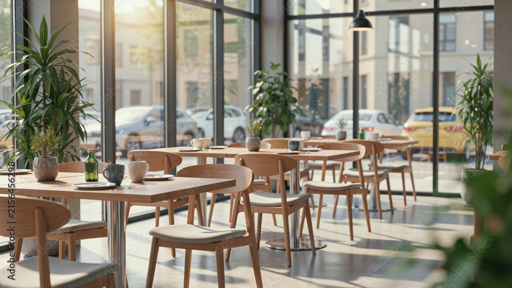Fototapeta premium Sunlit interior of a modern restaurant with wooden furniture and large windows overlooking a street. Perfect for travel, dining, or interior design concepts.