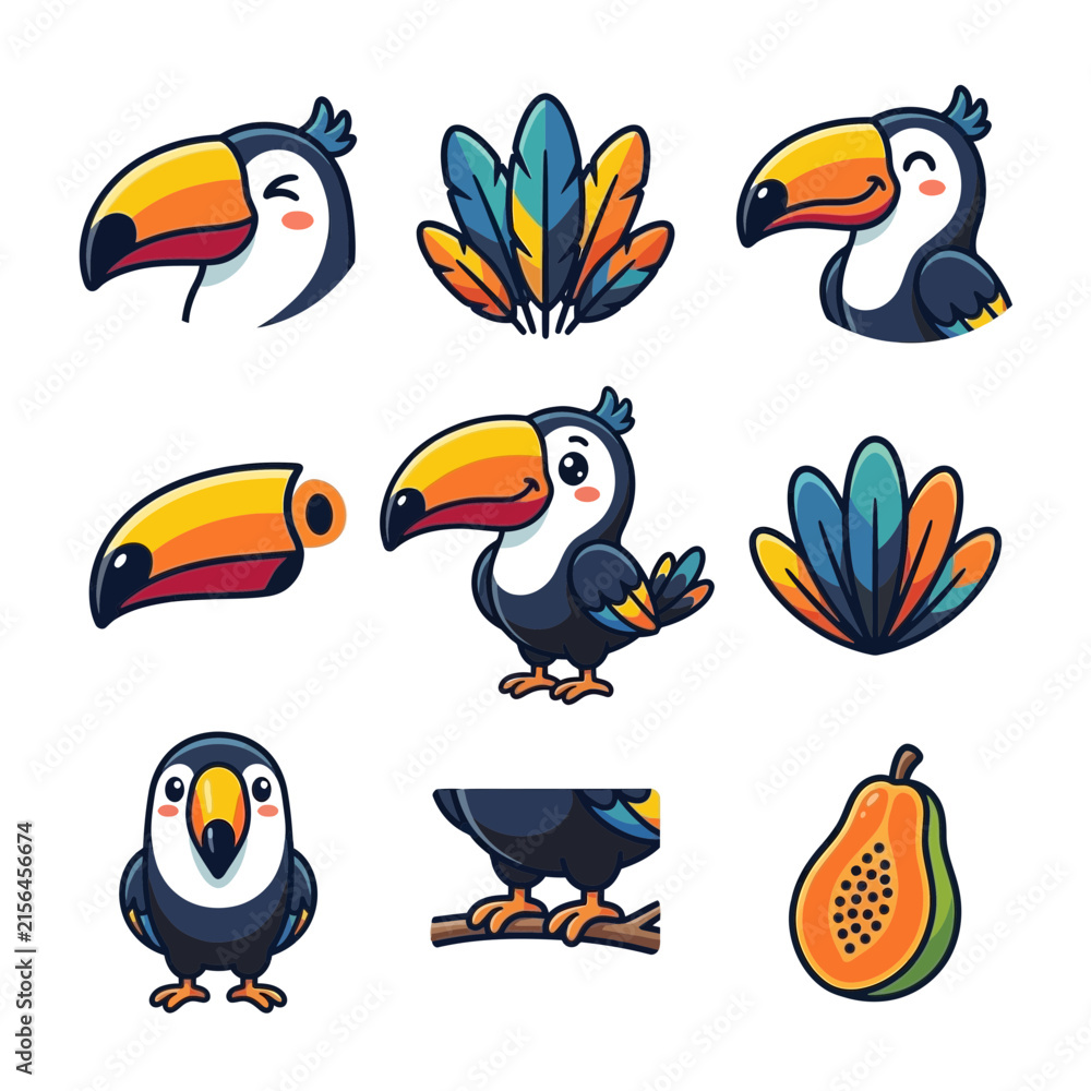 Obraz premium Collection of cute toucan bird characters and tropical fruit stickers isolated on white background.