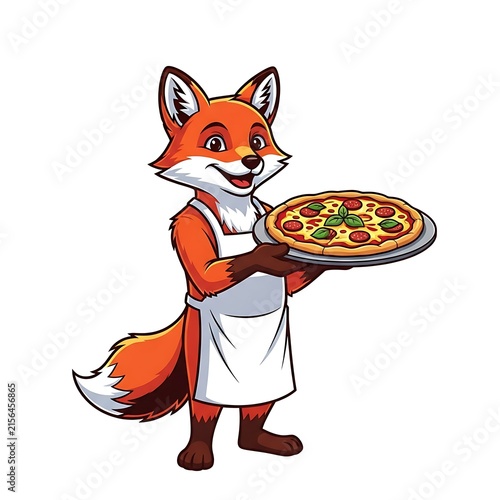 Friendly cartoon fox character wearing a white apron and holding a freshly baked pepperoni pizza on a metal tray, isolated on white background
