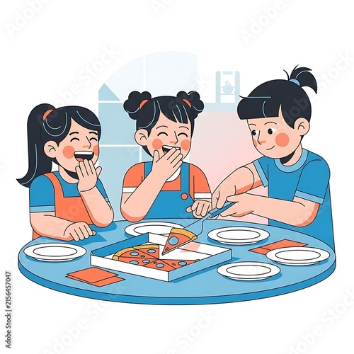 Three young girls sitting at a round blue table eating pizza, flat on a white background, friends sharing a meal together