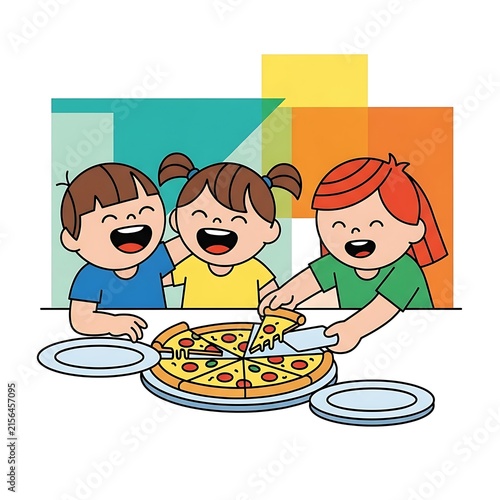 Two children and a girl sharing a pizza at a table, flat on a white background, friends eating together, colorful shapes