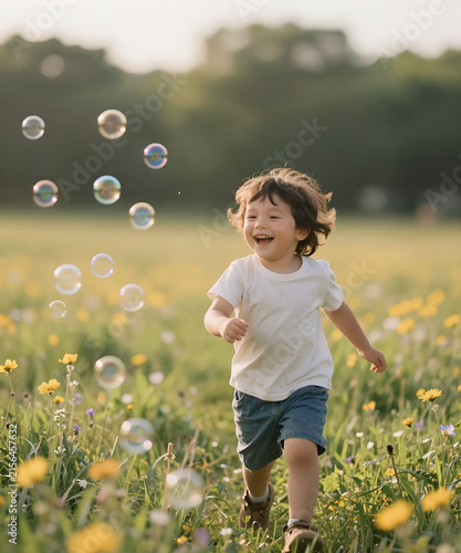 A young child chasing colorful soap bubbles through a wildflower meadow, genuine laughter in warm summer sunlight, dreamy atmosphere and authentic emotional storytelling lifestyle photography