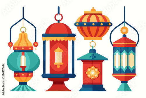 Decorative oriental lanterns featuring vibrant geometric patterns and traditional cultural elements presented in a clean flat vector graphic art style