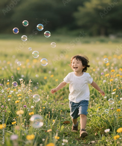 A young child chasing colorful soap bubbles through a wildflower meadow, genuine laughter in warm summer sunlight, dreamy atmosphere and authentic emotional storytelling lifestyle photography