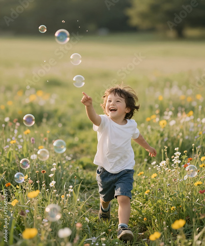 A young child chasing colorful soap bubbles through a wildflower meadow, genuine laughter in warm summer sunlight, dreamy atmosphere and authentic emotional storytelling lifestyle photography