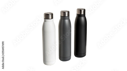 Set of aluminum reusable sports water bottles isolated on a white background mockup