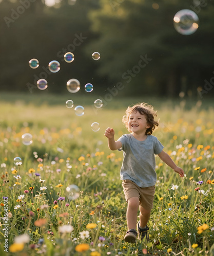 A young child chasing colorful soap bubbles through a wildflower meadow, genuine laughter in warm summer sunlight, dreamy atmosphere and authentic emotional storytelling lifestyle photography