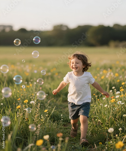 A young child chasing colorful soap bubbles through a wildflower meadow, genuine laughter in warm summer sunlight, dreamy atmosphere and authentic emotional storytelling lifestyle photography