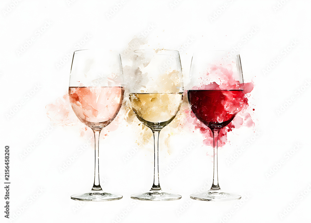 Fototapeta premium Set of watercolor wine glasses (rosy, ivory, scarlet), as isolated items