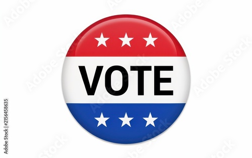 A red, white, and blue circular vote pin with stars isolated on white background. Ideal for political election campaigns and democratic voting awareness.
