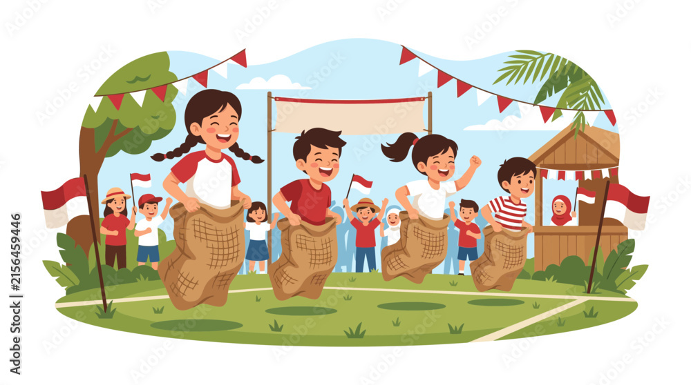 Fototapeta premium Indonesian children playing sack race at festival.