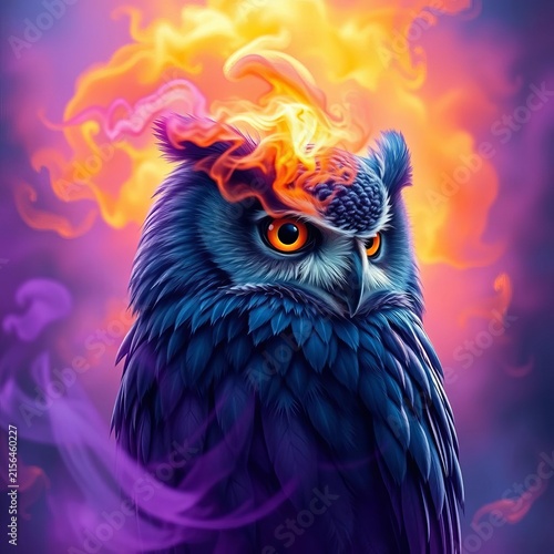 Whispering wisps of purple mist dance across a midnight blue owl's feathers, as swirling clouds of orange and yellow illuminate its wise gaze, misty, nocturnal