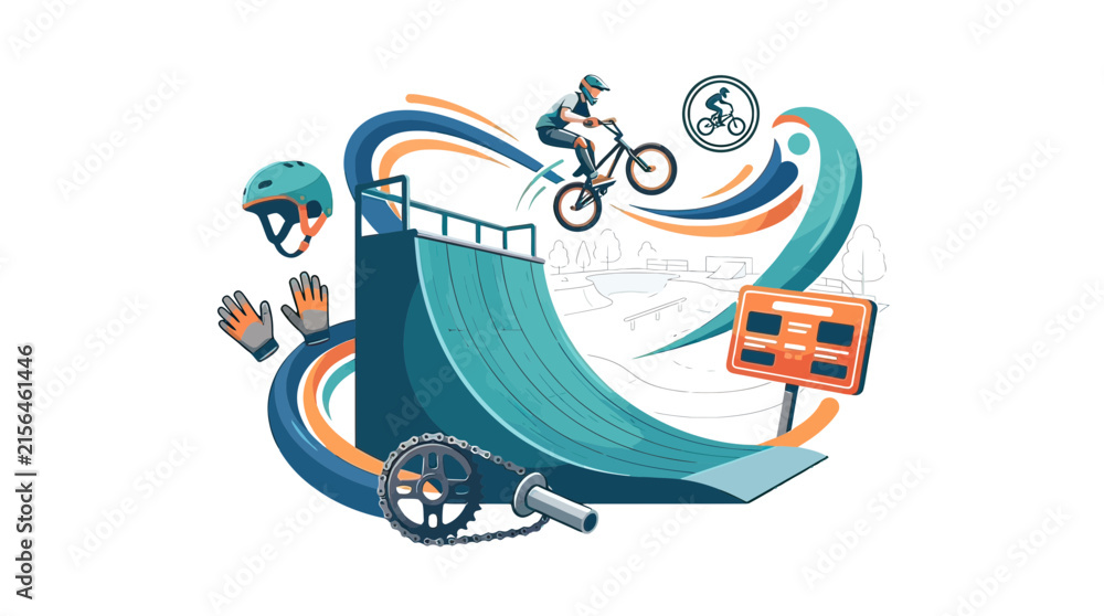 Fototapeta premium Dynamic BMX Freestyle Illustration Featuring a Rider Jumping Off a Ramp with Gear and Abstract Curves
