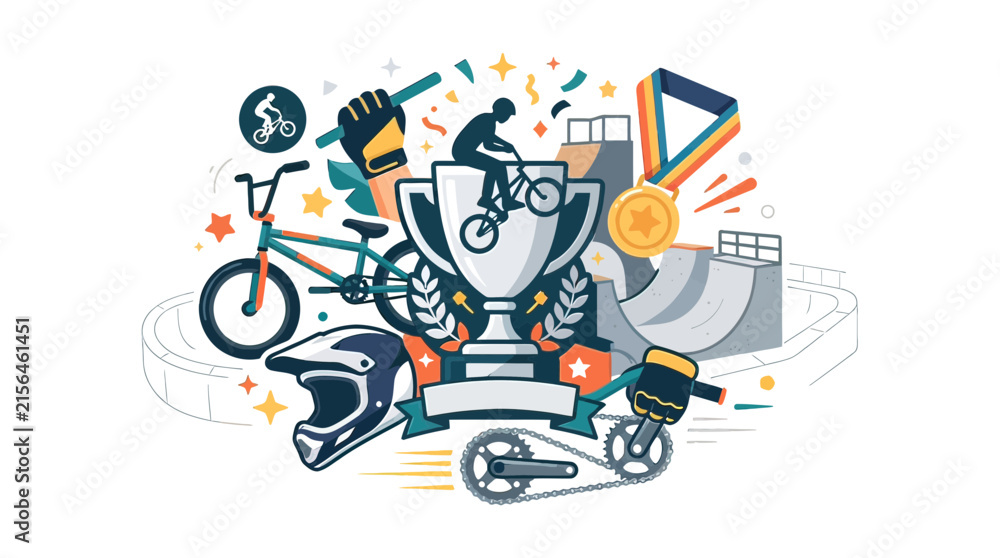 Fototapeta premium BMX Extreme Sports Championship Illustration Featuring Trophy Gold Medal Bike Helmet and Skatepark