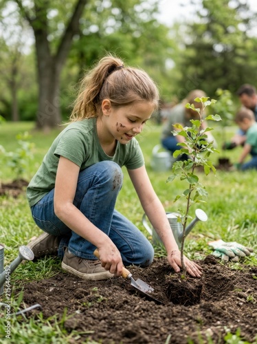 A young girl kneels in a grassy area, planting a small tree. She is wearing jeans and a green shirt, and her hands are covered in dirt.