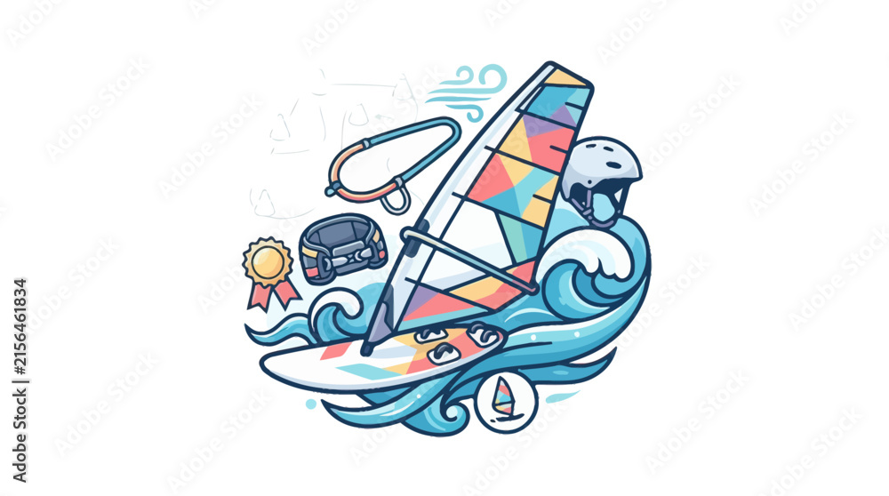 Fototapeta premium Dynamic Windsurfing Sport Concept with Equipment Icons Waves and Achievement Award Medal Vector
