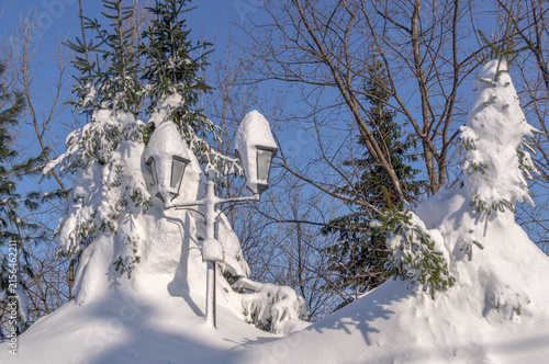 Snow-covered street lights and fir trees. Snowdrifts covered the ancient lanterns and trees in the park. Winter frosts and heavy snowfall. Winter frosts in Russia.