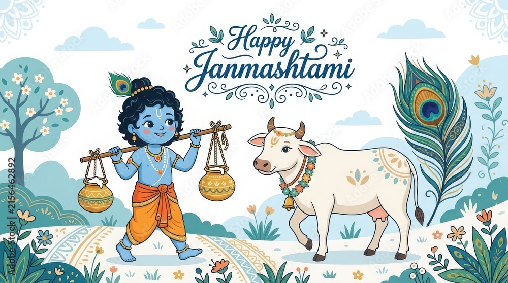 Fototapeta premium Happy janmashtami illustration featuring baby krishna carrying butter pots with white cow in scenic landscape environment.