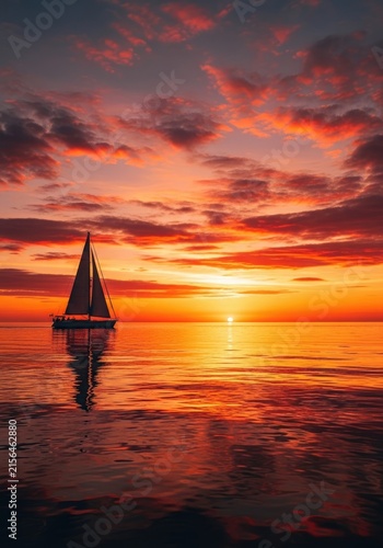 A sailboat glides across a calm sea during a vibrant sunset. The sun, partially obscured by clouds, casts a brilliant orange and red glow across the water and sky.
