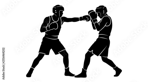 Dynamic vector illustration showing two amateur boxers in black silhouette profile sparring with protective headgear and padded boxing gloves today
