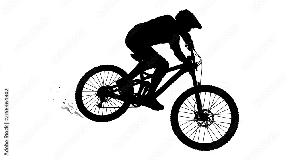 Naklejka premium Dynamic mountain biker vector illustration silhouette performing a stunt jump, showcasing energetic movement and sharp design lines for modern athletic branding