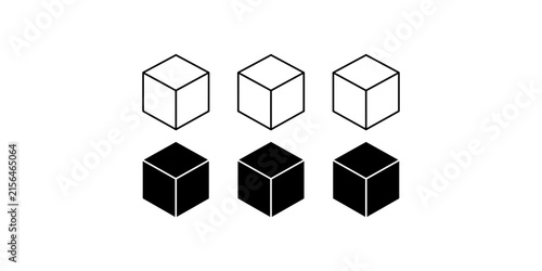 Three isometric cube outlines and solid shapes on a checkered background.