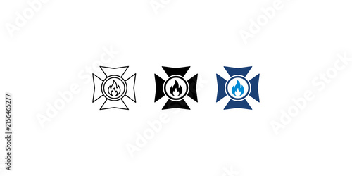 Foto Fire department maltese cross emblem with flame icon in line black and blue versions for emergency and rescue service graphics