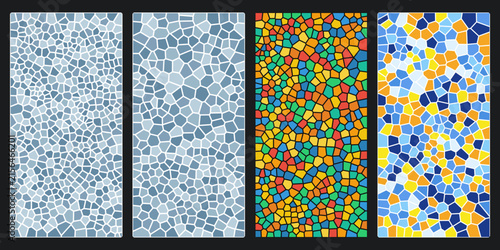 Set of abstract voronoi mosaic patterns vertical banners with colorful geometric cells, stained glass textures