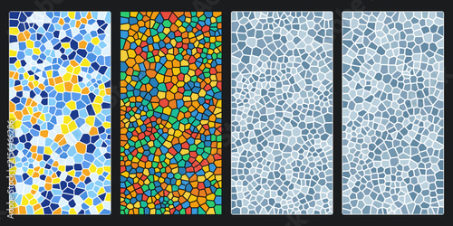 Abstract mosaic patterns diverse irregular geometric tessellations. Features vibrant, cool-toned, and monochromatic textures for modern graphic design and backgrounds