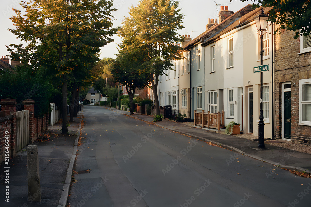 Fototapeta premium Quiet suburban street with traditional houses and trees at sunset with a maple lane sign on a lamp post in the foreground