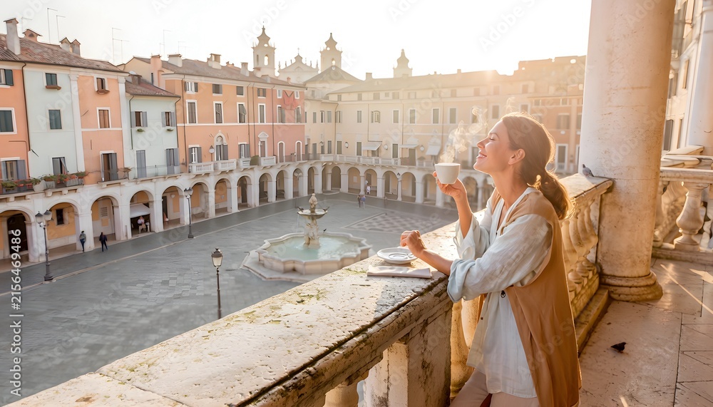 Fototapeta premium Young Woman Enjoying Coffee with Scenic View in Historic Piazza