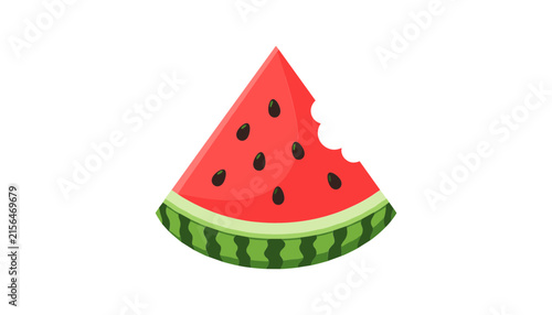 Juicy Red Watermelon Slice Vector Illustration with Black Seeds and a Big Bite Mark Isolated on White Background for Summer Food and Fruit App Designs