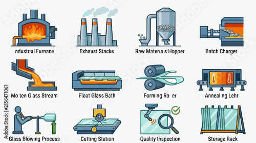Sleek Illustrated Guide to Glass Manufacturing Process with Colorful Industrial Equipment and Stages