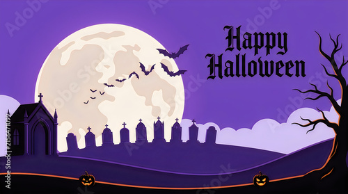 Spooky Halloween background with full moon, cemetery graveyard with tombstones and bats, purple holiday greeting card isolated on White Background