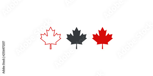 Set of maple leaf icons with red and black outline and solid color designs for Canadian branding projects.
