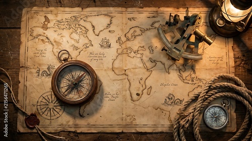 Old world map with compass and nautical rope on dark rustic table nautical exploration adventure